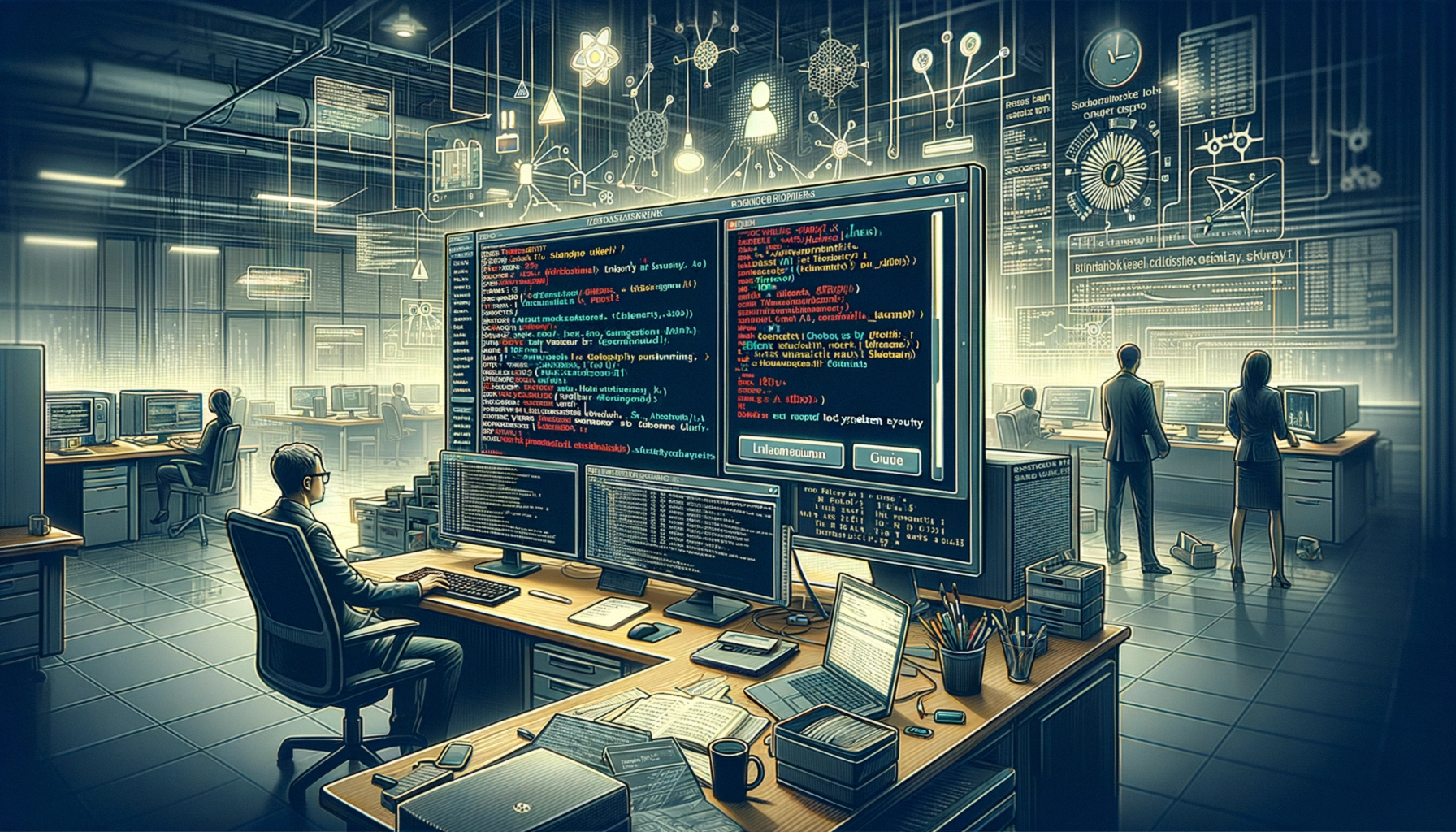 Втрата ключа репозиторію Kali Linux: що потрібно знати користувачам Програміст за комп'ютером у сучасному офісі з кодом на моніторах.