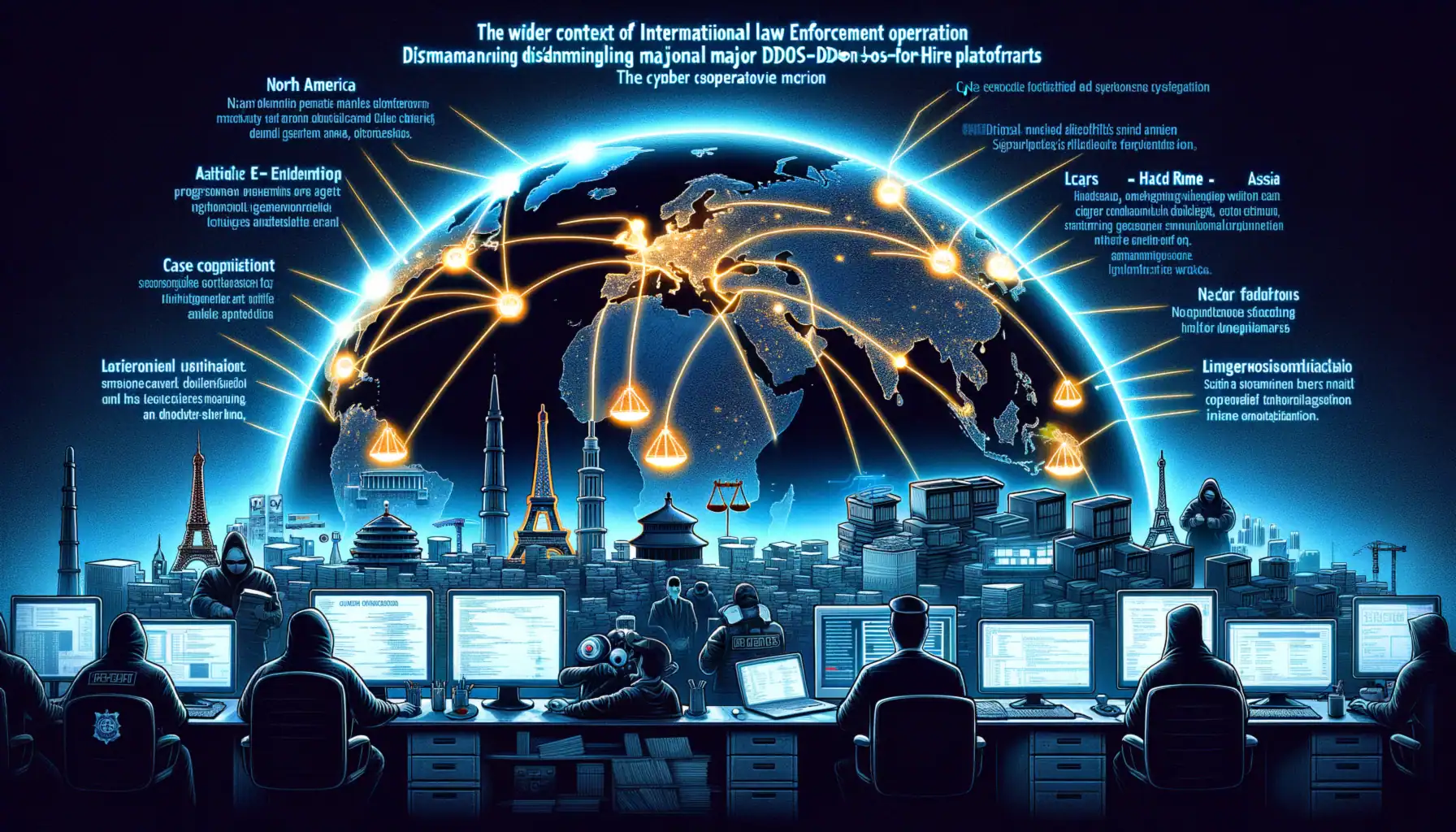 Globale Vernetzung mit Cyber-Sicherheitsanalysten und Städten.