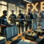 ** Police officers in tactical gear handle evidence in a tech-filled room with money and monitors.