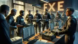 La policía alemana desarticula exchange de criptomonedas involucrado en lavado de activos masivo Oficiales de policía en una sala con computadoras y cajas de dinero en una operación de incautación.