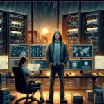 ** A hooded figure stands in a dimly lit room filled with servers and monitors, with rain falling outside.