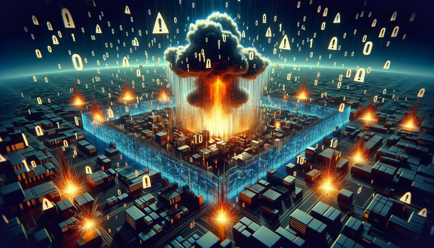 Explosion in einer digitalisierten Stadt, umgeben von Binärcode.