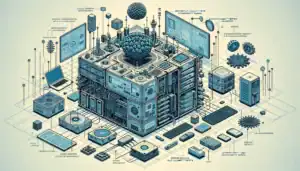 Crisis en ciberseguridad: IA genera avalancha de falsos reportes de vulnerabilidades Gráfica técnica de un sistema informático complejo y sus componentes.