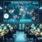 ** Tech team monitors a global map of malware threats in a dark, high-tech office.