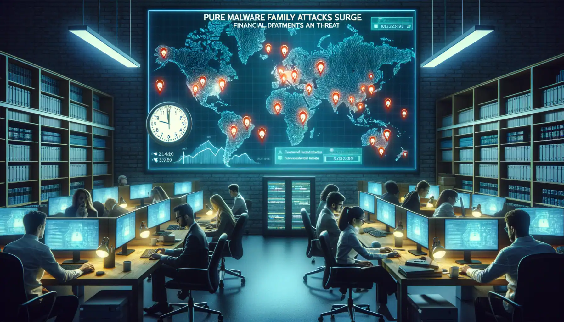 Se Cuadruplican los Ataques del Malware Pure Dirigidos a Departamentos Contables ** Oficina moderna con operadores monitoreando ataques cibernéticos en pantallas.