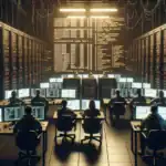 ** Dark server room with people at computers, illuminated screens displaying data.