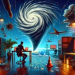 ** A person sits at a desk, facing a digital whirlpool and glowing data servers in a futuristic office.