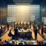 ** A corporate meeting room with diverse professionals discussing a privacy settlement case.