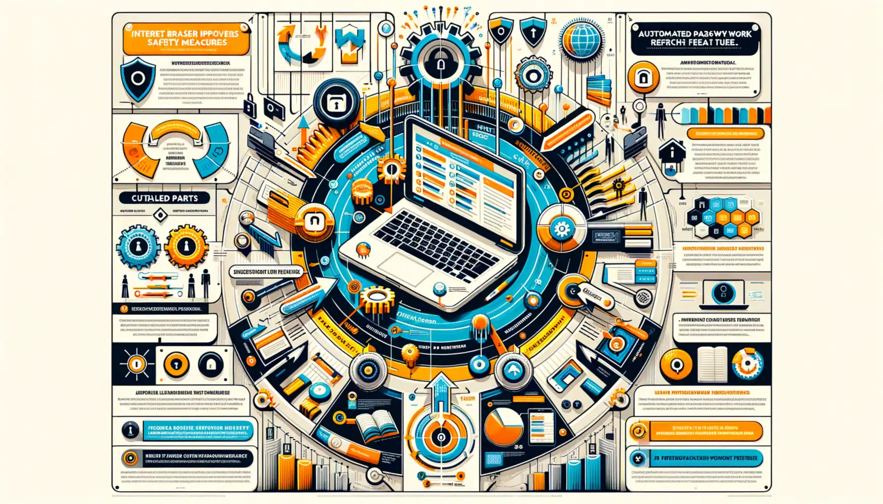 Infografik über Internet-Sicherheit mit Laptop, Icons und Diagrammen.