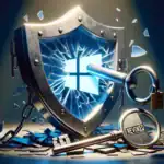 Щит із зламаним логотипом Windows, ключі та шматки скла.
