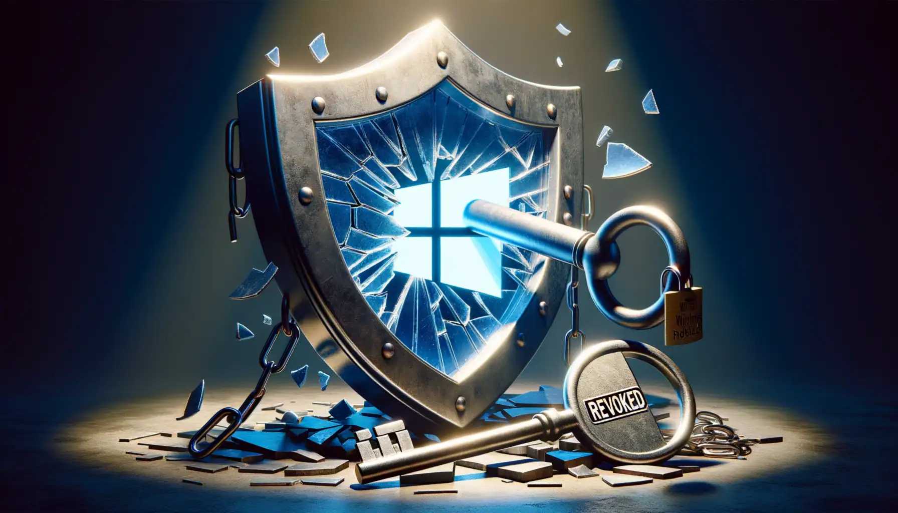 Виявлено серйозну проблему безпеки в протоколі віддаленого доступу Windows RDP Щит із зламаним логотипом Windows, ключі та шматки скла.