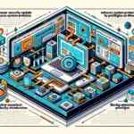 Grafische Darstellung eines Computersystems mit Sicherheitskomponenten und Schutzsymbolen.