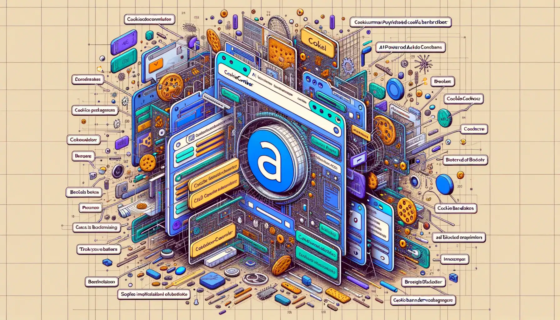 Grafische Darstellung von Cookies und digitalen Elementen in einem Browser-Interface.