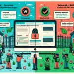 ** Illustration contrasting website security statuses with figures, icons, and color-coded sections.