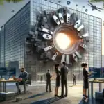 Moderne Büroszene mit Technologie und Menschen vor einem futuristischen Gebäude.