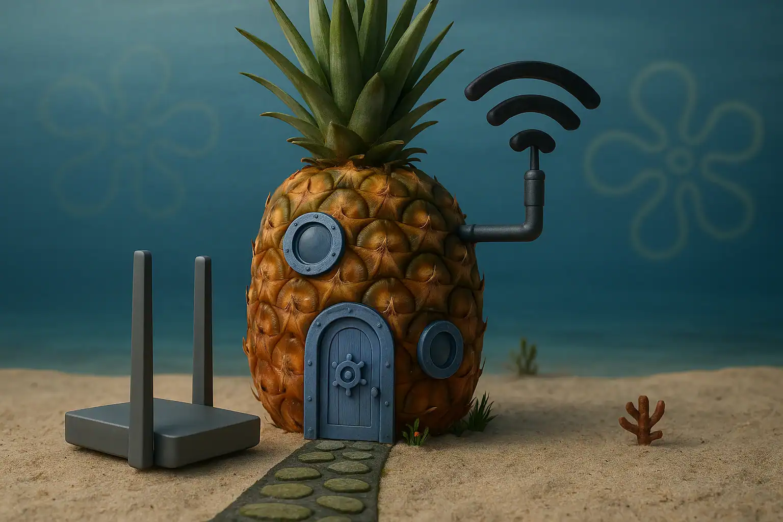 WiFi Pineapple пристрій для тестування безпеки бездротових мереж - креативна 3D візуалізація ананаса з WiFi антенами та роутером