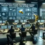 Cyber-Security-Szene mit Mitarbeitern am Tisch und Präsentation von Malware-Konzepte auf Monitoren.