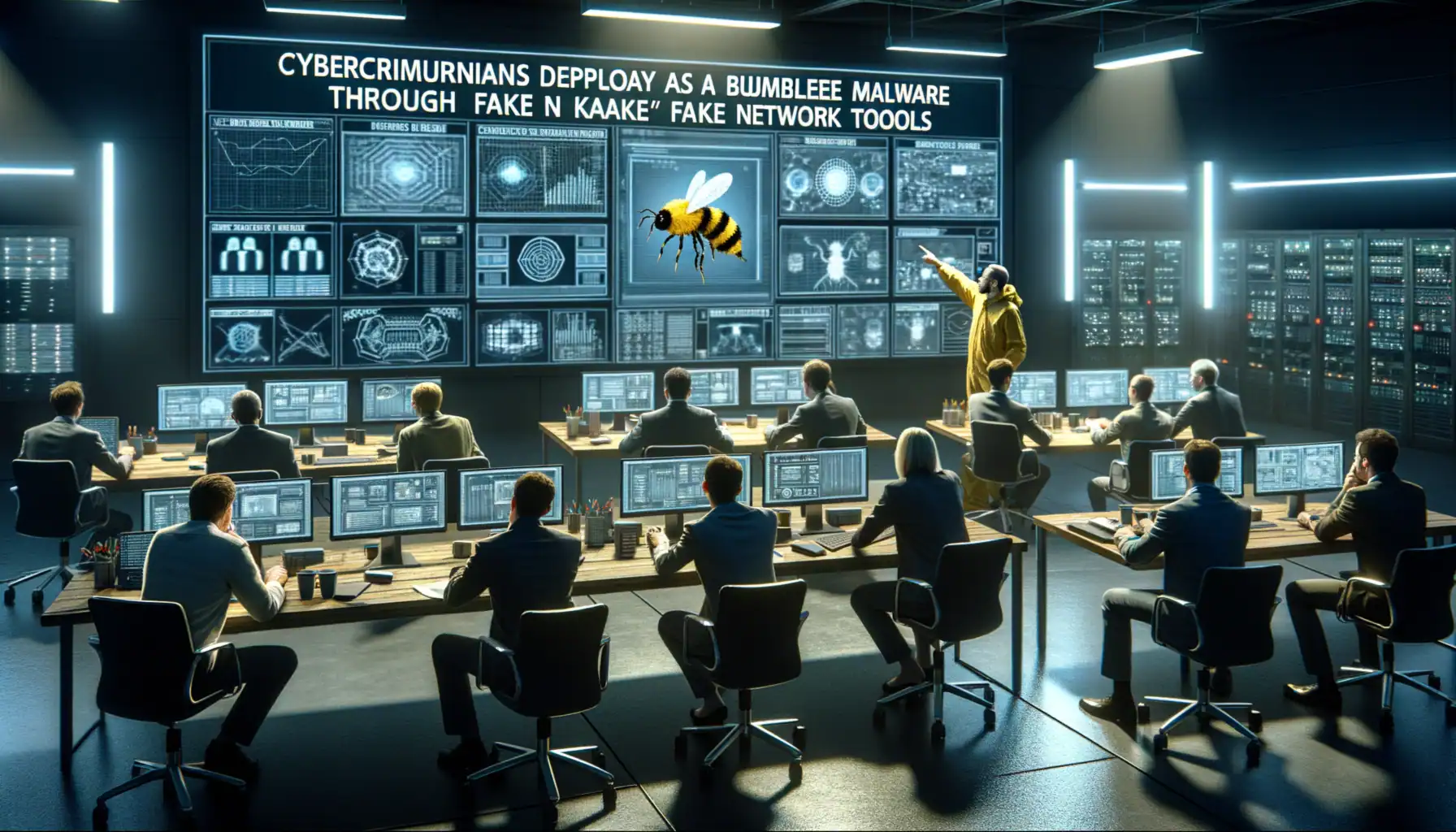 Grupo en un centro de control observa pantallas sobre malware y ciberseguridad.