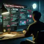 Person am Computer mit Malware-Analyse zu TikTok, Hintergrund beleuchtet.