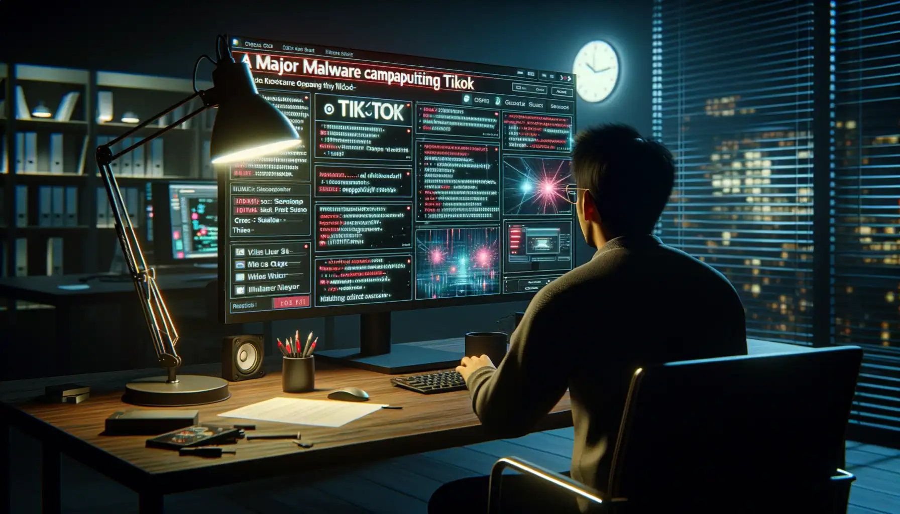 Detectan Peligrosa Campaña de Malware en TikTok que Distribuye Robadores de Datos Hombre frente a una pantalla con información sobre malware en TikTok, en un ambiente oscuro con luz azul.