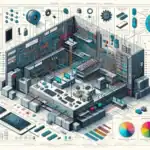 Ilustración detallada de un sistema tecnológico complejo con componentes electrónicos y circuitos.