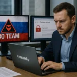 Людина в костюмі працює за комп'ютером з моніторами, що показують загрози кібербезпеки.