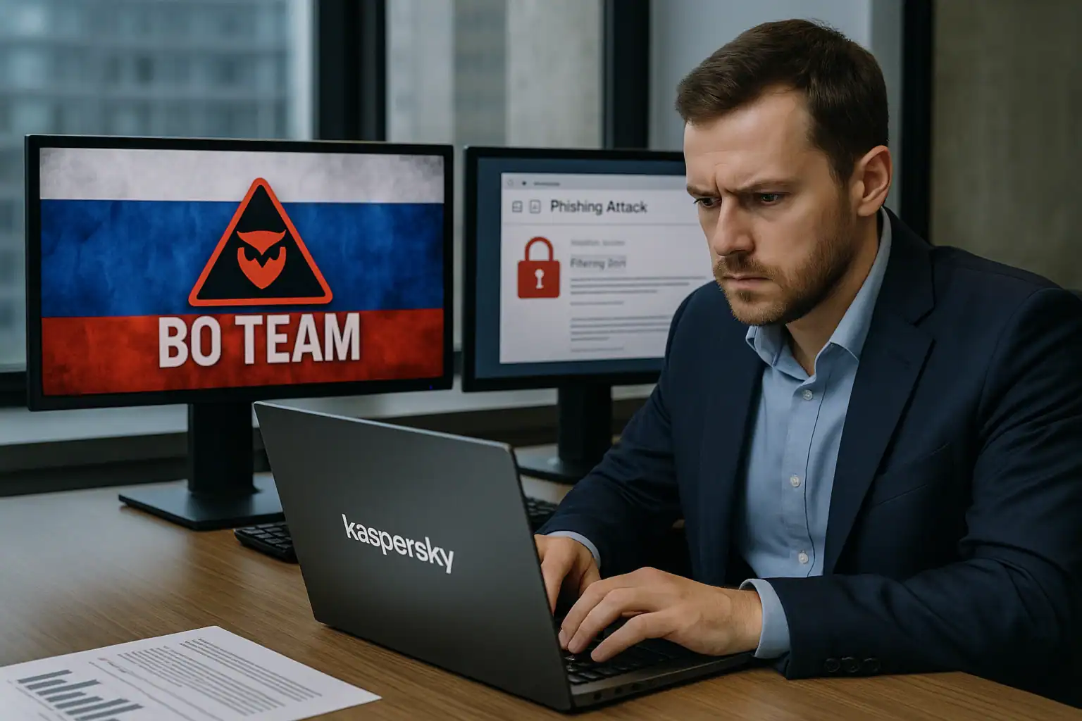 Hacktivisten-Gruppe BO Team: Neue Dimension gezielter Cyberangriffe enthüllt Geschäftsmann am Laptop, umgeben von Monitoren mit Sicherheitswarnungen.