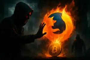 Mozilla Implementa Revolucionario Sistema de Detección de Extensiones Fraudulentas de Criptomonedas Hombre con sudadera invoca símbolo ardiente y una moneda Bitcoin.