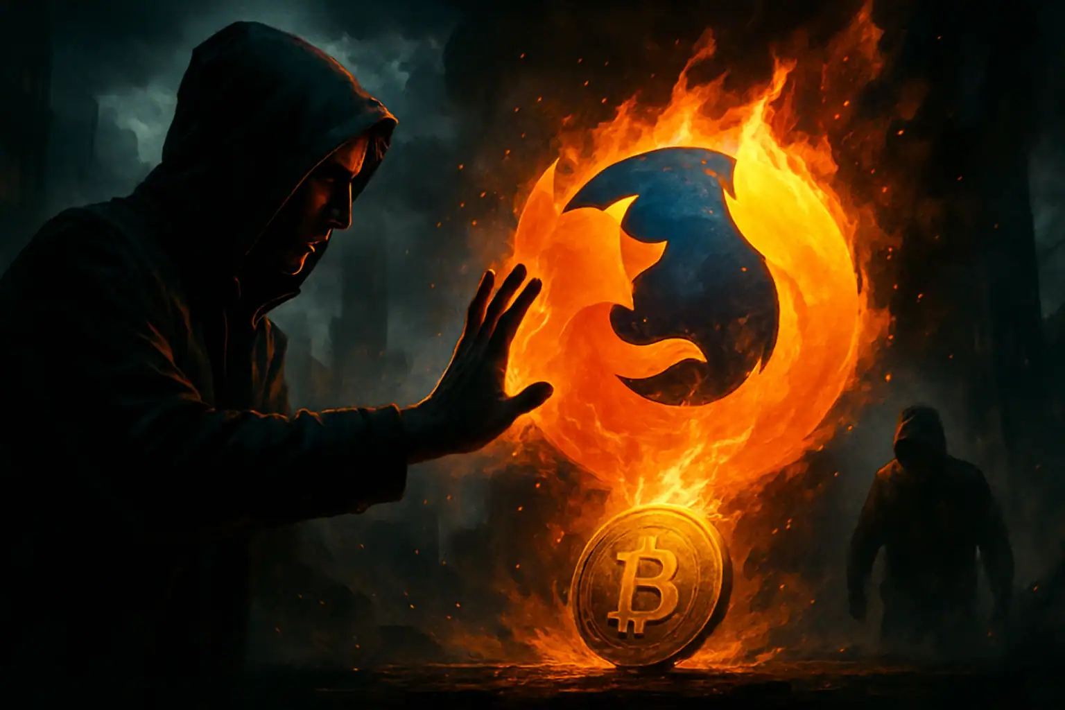 Man in a hooded cloak conjures flames around a Bitcoin and a logo.