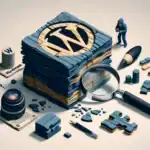 ** Artistic representation of WordPress theme development with tools and figures.
