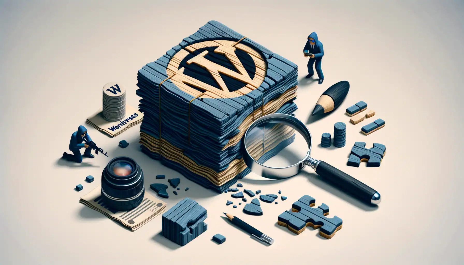 ** Elementos de WordPress con figuras miniatura y herramientas en un fondo neutro.