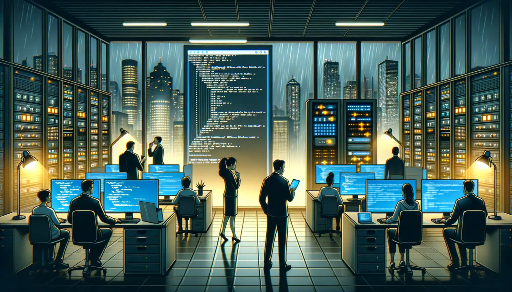 Comportamientos Emergentes en IA: Nuevos Desafíos para la Ciberseguridad Oficina nocturna con profesionales de la tecnología analizando datos en pantallas iluminadas.