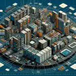 A stylized cityscape with buildings, grids, and icons on a dark blue background.