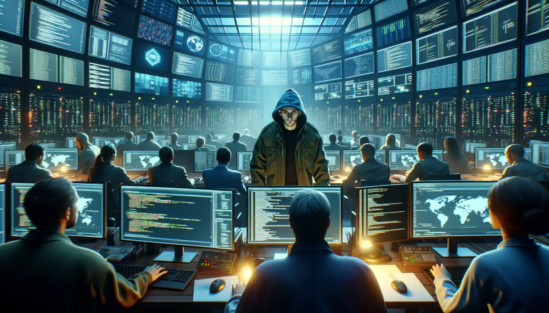 Person in Kapuzenjacke steht vor einem Technologie-Überwachungsraum voller Bildschirme.