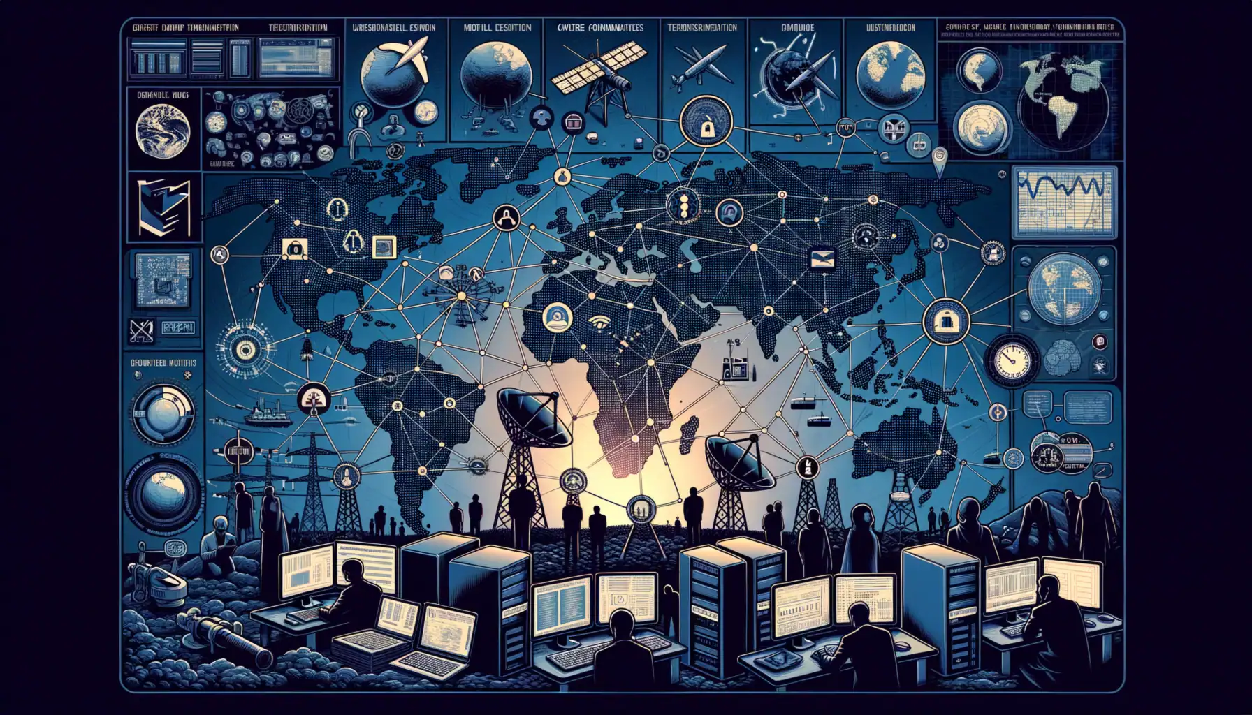 Ilustración de un mapa mundial con conexiones tecnológicas y trabajadores analizando datos.