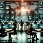 Equipo analizando datos en una sala de control moderna con pantallas grandes.