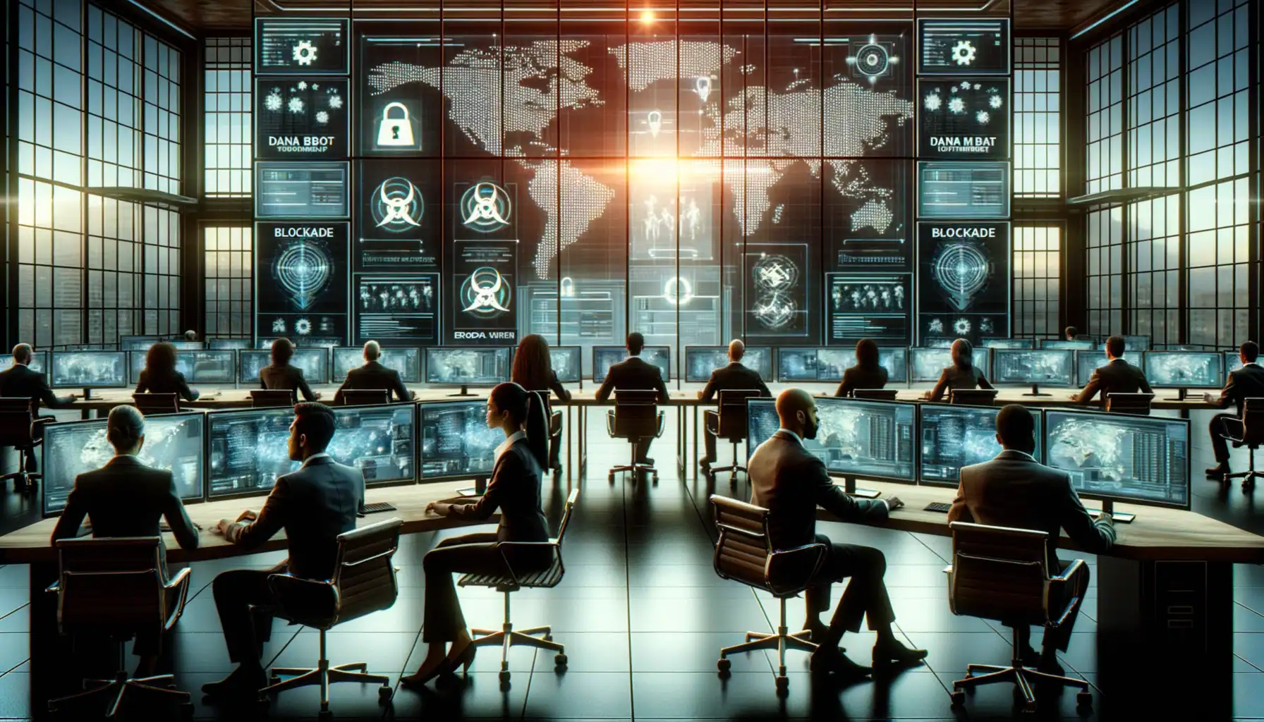 Operación internacional desarticula el botnet DanaBot tras años de ciberataques masivos Equipo analizando datos en una sala de control moderna con pantallas grandes.