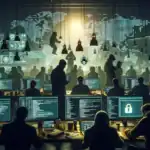 Sala de control cibernético con pantallas y personas trabajando en computadoras.