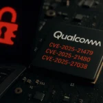 ** Black Qualcomm chip with CVE numbers on circuit board beside a red padlock icon.