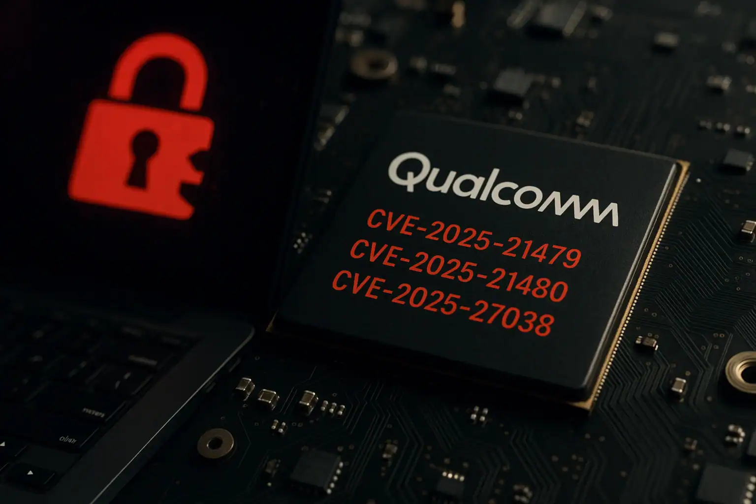 Descubiertas tres vulnerabilidades críticas en GPUs Adreno de Qualcomm que están siendo explotadas activamente Chip Qualcomm con detalles de vulnerabilidades y un candado rojo en pantalla.