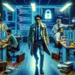 ** A detective in a trench coat walks through a tech-filled office with screens, among focused team members.