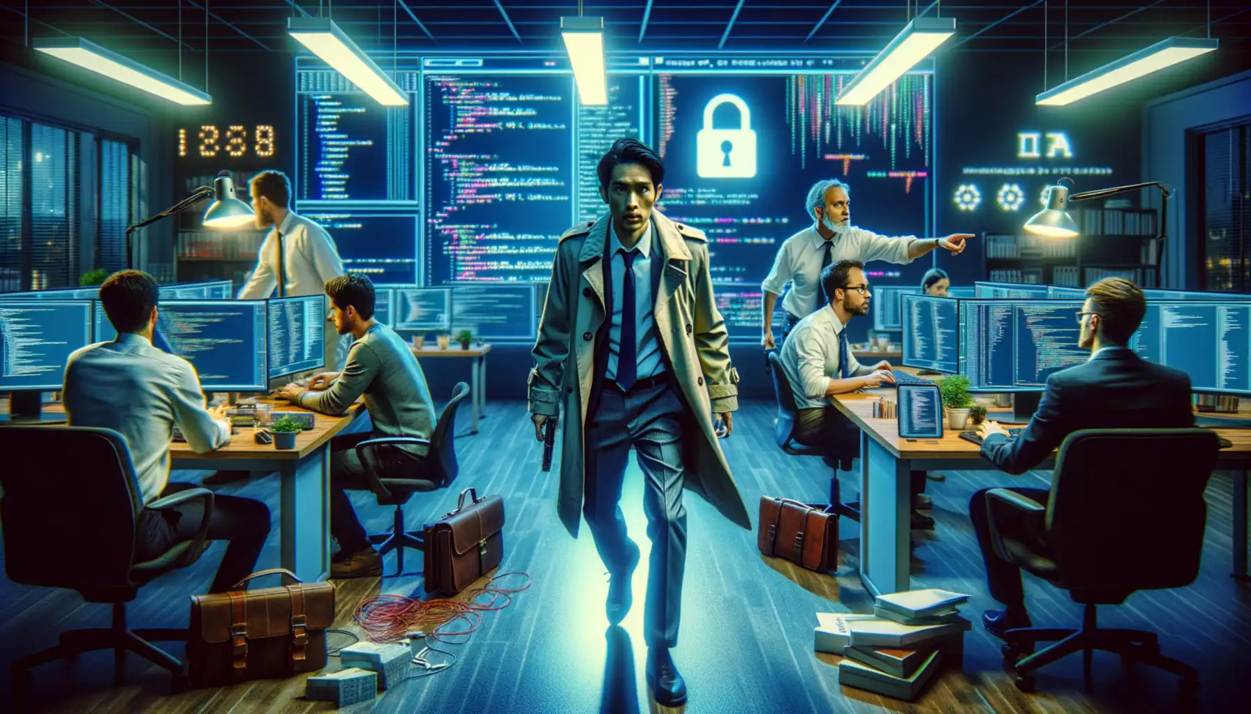 Descubren Ocho Paquetes Maliciosos en npm que Comprometen la Seguridad del Desarrollo JavaScript Hombre en traje y abrigo camina en sala de control con pantallas y programadores.