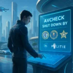 Futuristic scene of a man using a touchscreen display in a city.