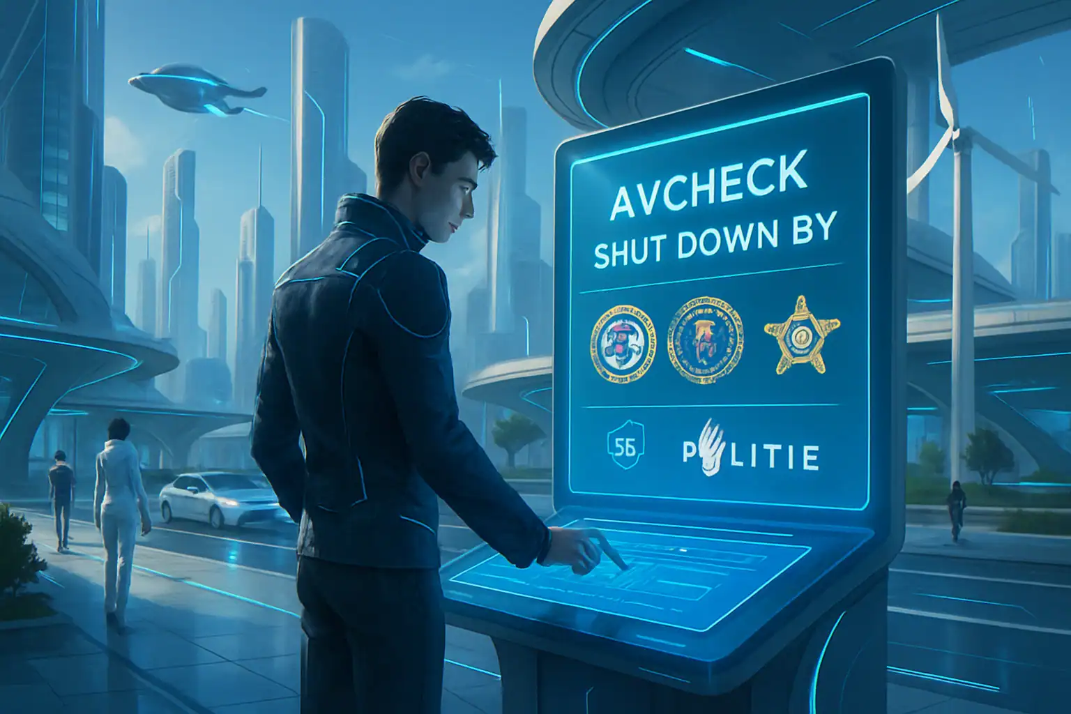 Internationale Behörden zerschlagen AVCheck - Malware-Testdienst für Cyberkriminelle Futuristische Szene mit einem Mann an einem Kontrollpanel in einer Stadt.