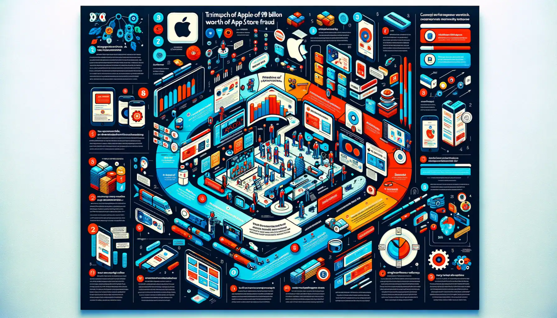 Apple intensifica la lucha contra el cibercrimen: Resultados récord en la protección del App Store ** Infografía colorida sobre el fraude en App Store de Apple, con gráficos y textos informativos.