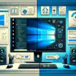 ** Pantalla de computadora con interfaz de Windows, gráficos y dispositivos periféricos.