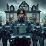Polizei-Team in Uniform vor einem imposanten Gebäude, eine Frau hält einen Laptop.