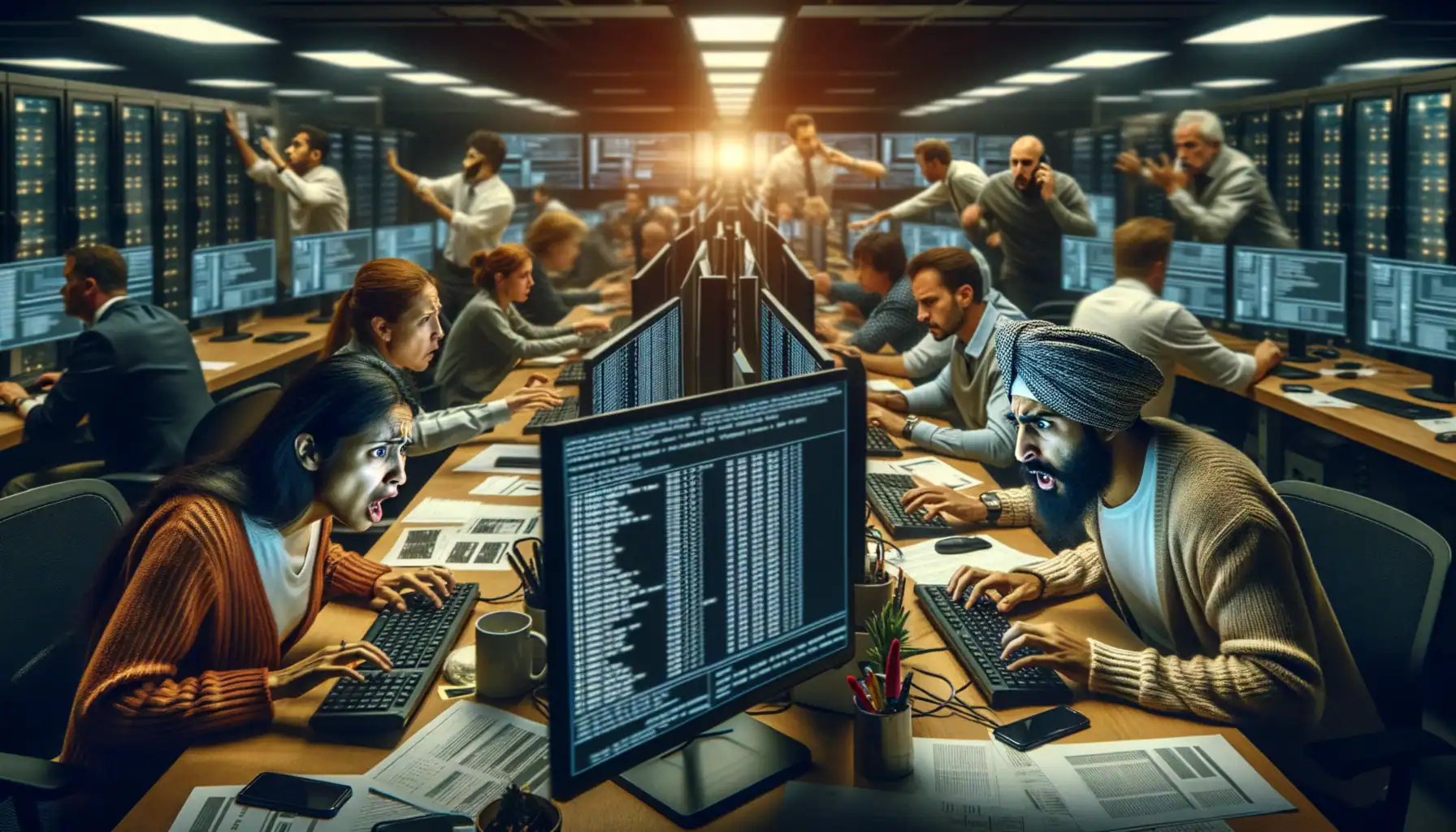 MathWorks Confirma Ataque Ransomware que Compromete Servicios Globales de MATLAB Grupo diverso en una oficina, mirando pantallas y reaccionando intensamente a datos en un entorno de trabajo tecnológico.