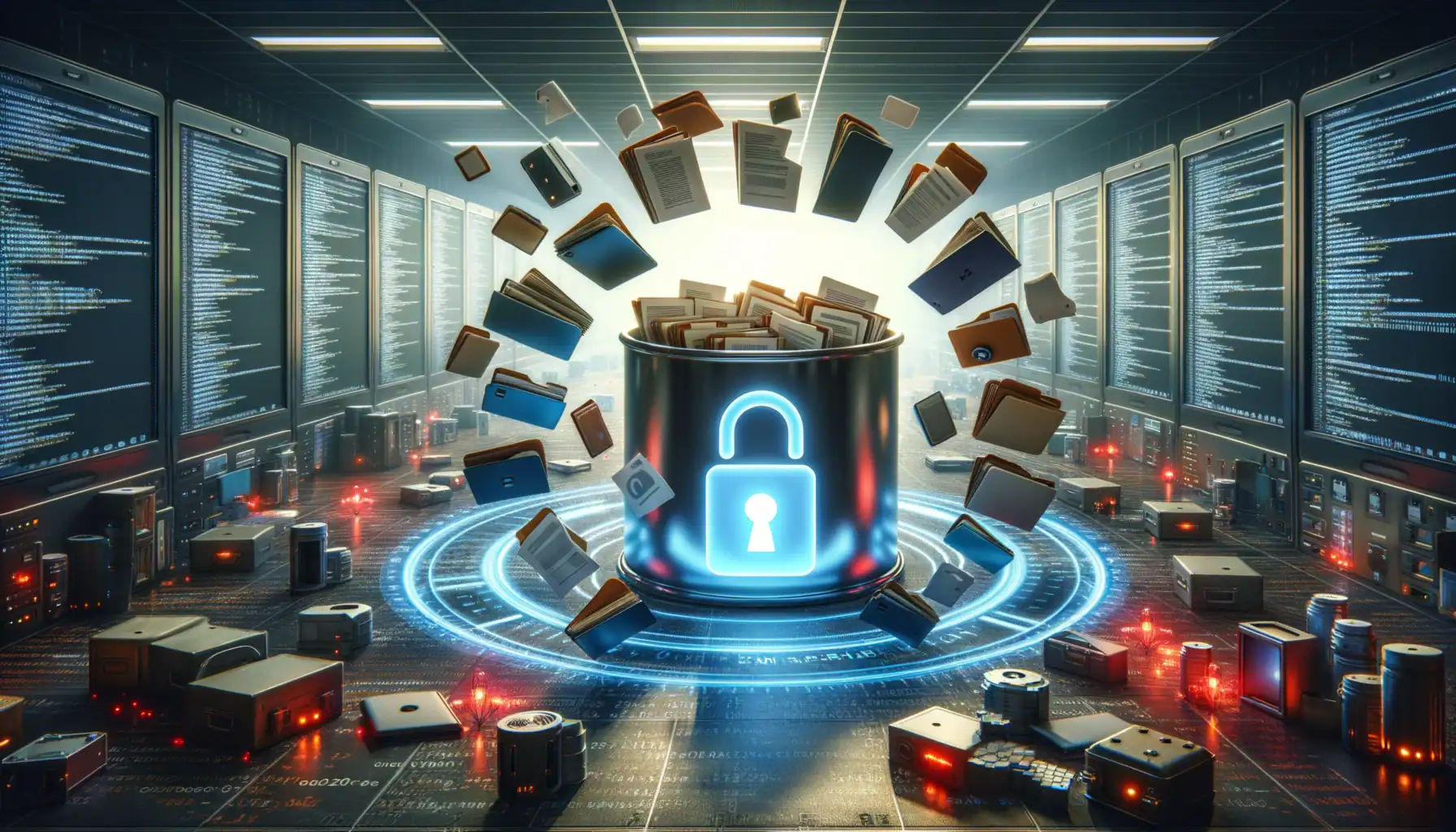 ** A digital vault surrounded by floating file icons and computer screens with code, symbolizing data security.