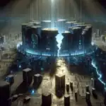 Futuristic cityscape with illuminated circuits and towering structures.